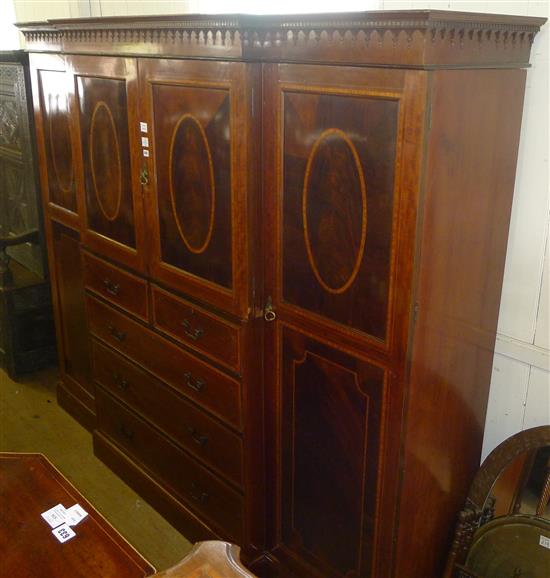 Large Edwardian inlaid mahogany breakfront wardrobe